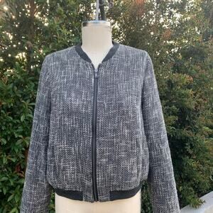 Gap Women’s Medium Tweed Zip Bomber Jacket Black/White Ribbed Trim Casual